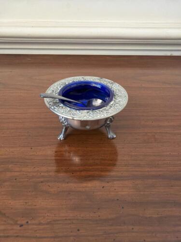 Silverplate Open Salt Cellar with Cobalt Glass Liner and Spoon