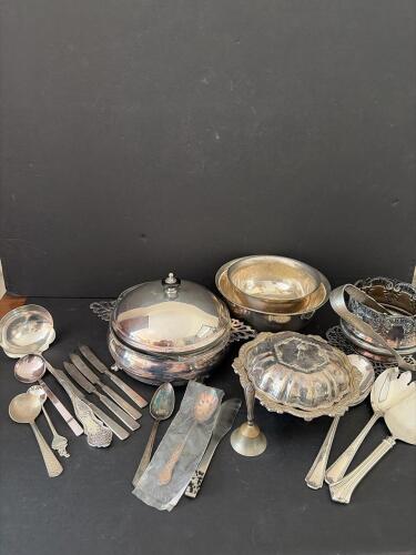 Silverplate Serving Pieces, Flatware, and Pyrex Insert