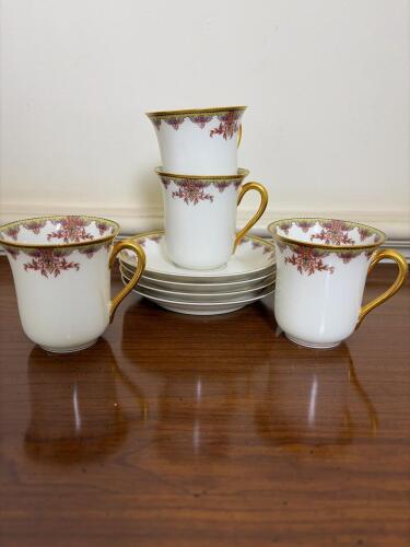 Haviland Limoges Porcelain Cups and Saucers, Gilt-Handled