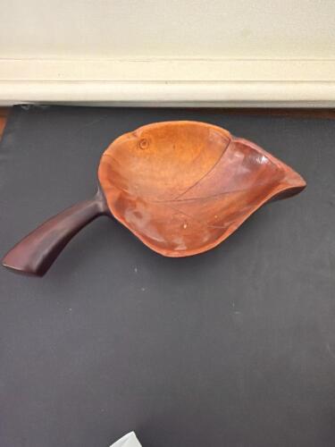 Wood Leaf-Shaped Bowl with Handle, Hand-Carved Style