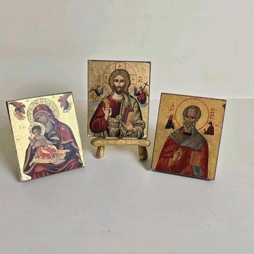 Byzantine-Style Religious Icon Plaques With Gold Tone Easels