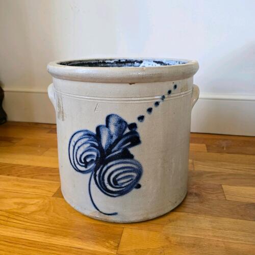 Stoneware Crock with Blue Floral Design, Salt Glaze, Antique-Style