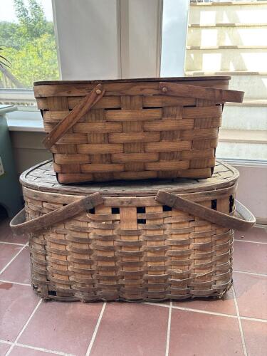 Two Woven Wood Picnic Baskets