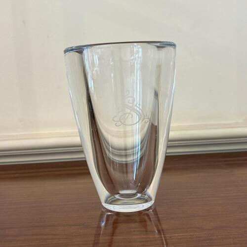 Signed Heavy Clear Cut Glass Vase with Monogram Engraving