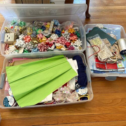 Three Totes of Assorted Gift Wrap Supplies, Ribbons, Bows, and Bags