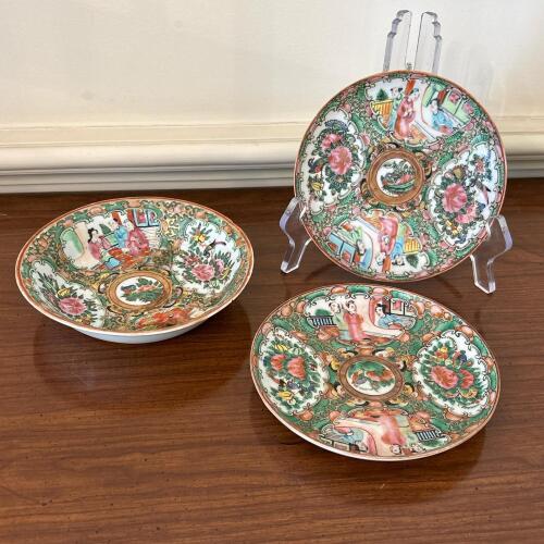 Vintage Chinese Rose Medallion-Style Porcelain - Two Plates, One Bowl