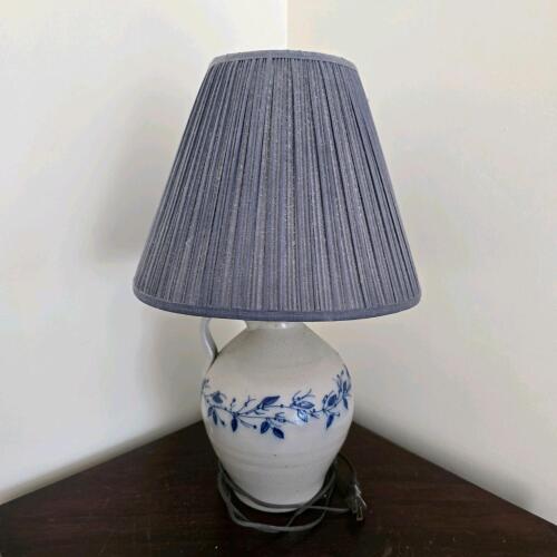 Salmon Falls Stoneware Table Lamp with Blue Shade, 1996