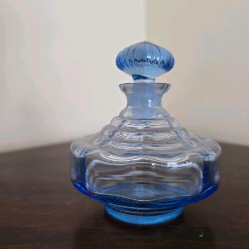 Blue Glass Perfume Bottle with Stopper, Art Deco-Style