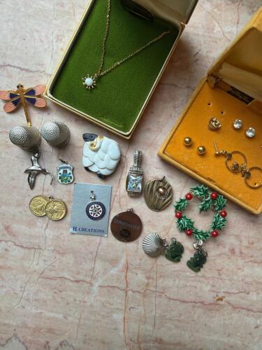 Assorted Vintage Jewelry and Charms Including Krementz Opal Necklace