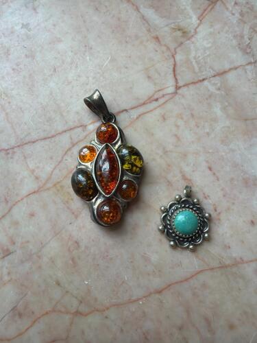 Sterling Silver Amber and Turquoise Gemstone Pendants