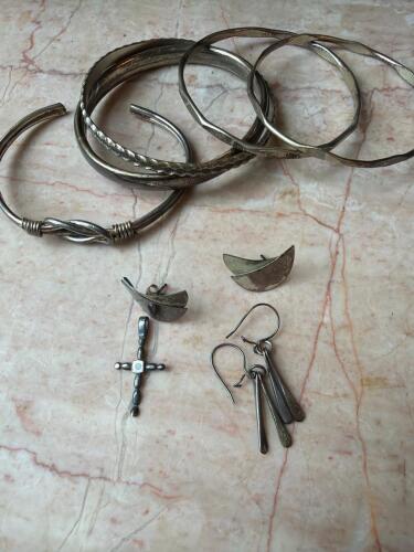 Silver tone Bangles, Earrings, and Cross Pendant