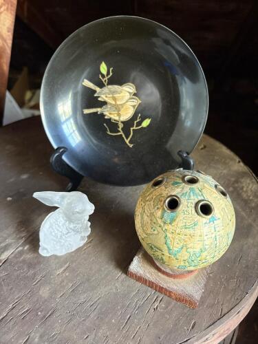 Couroc Inlaid Plate, Frosted Glass Rabbit, and Globe Flower Frog