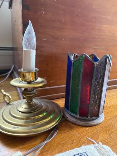 Brass Chamberstick-Style Electric Lamp with Stained Glass Shade Lamp