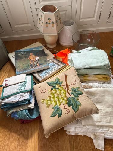 Art Books, Vintage Linens, Embroidered Pillow, Lamp and More