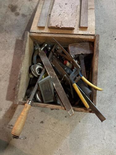 Vintage Hand Tools in Wooden Storage Box