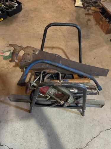 Assorted Vintage Hand Tools in Metal Log Carrier