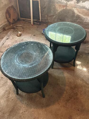 Two Wicker-Style Round Glass Top End Tables