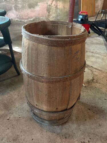 Large Rustic Wood Barrel with Metal Bands