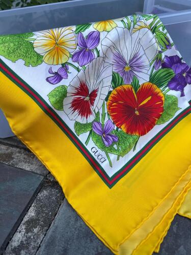 Vintage Gucci Viole Floral Silk Scarf with Yellow Border