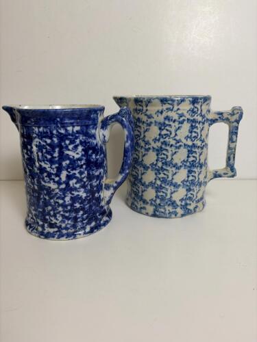 Tow Antique Blue and White Spongeware Pitchers