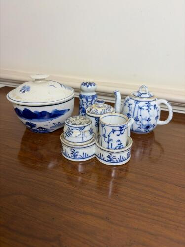 Blue and White Japanese-Style Ceramic Condiment Serving Pieces