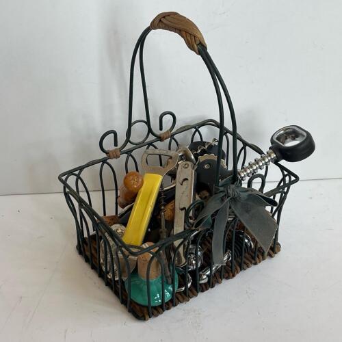 Basket Of Assorted Vintage And Modern Wine Accessories