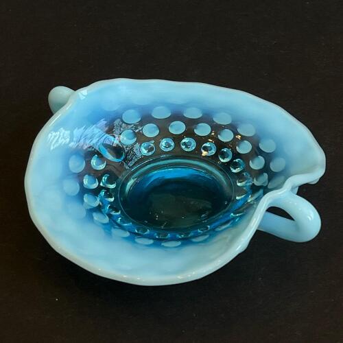 Small Blue Hobnail-Style Double Handled Glass Tray