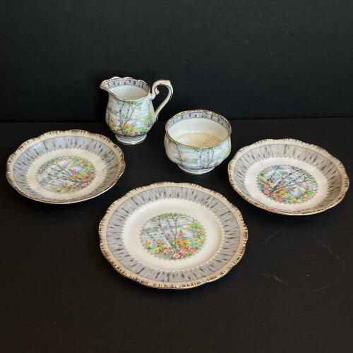 Royal Albert Silver Birch Bone China Bowls, Creamer, and Sugar