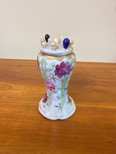 Victorian Style Floral Porcelain Hatpin Holder with Pins