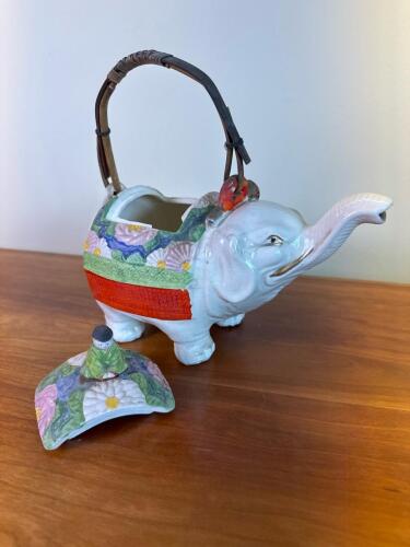 Japanese Elephant Form Ceramic Teapot with Wicker Handle