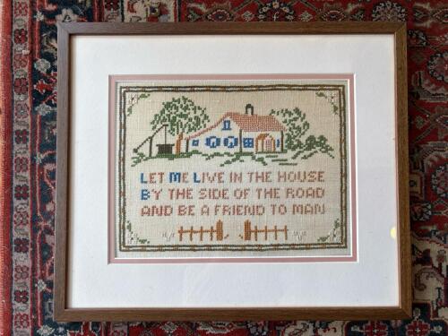 Framed Cross-Stitch Sampler in Folk Art Style