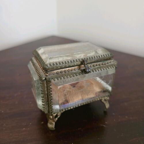 Victorian-Style Glass and Brass Jewelry Casket with Etched Bird Motif