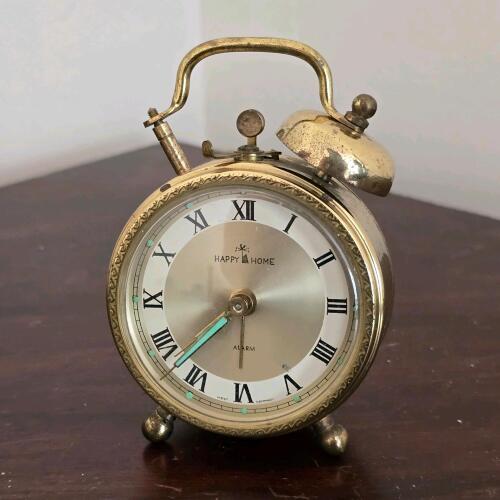 Brass Wind-Up Alarm Clock by Happy Home, Roman Numeral Dial