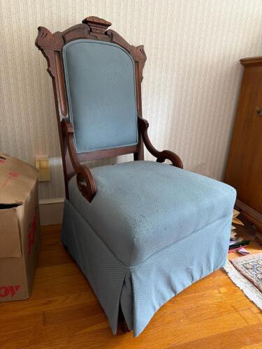 Victorian-Style Upholstered Parlor Chair With Carved Wood Frame
