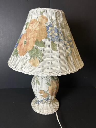 White Wicker Table Lamp With Floral Shade