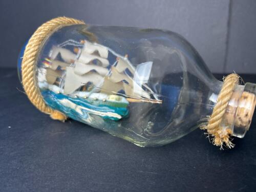 Small Ship in a Bottle Nautical Folk Art with Rope Accent
