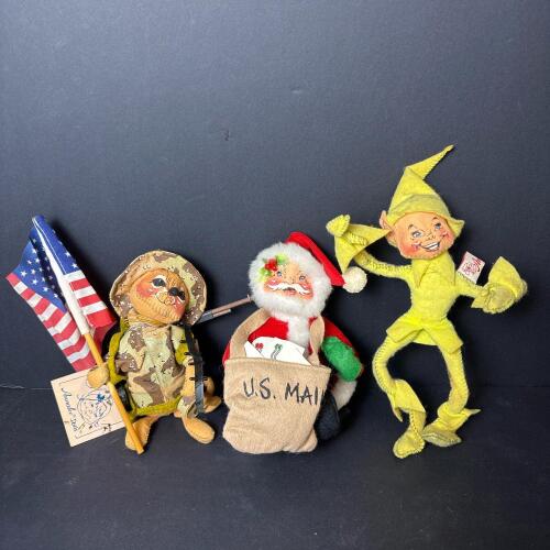 Trio of Annalee Dolls: Soldier Mouse, Santa, & Yellow Elf