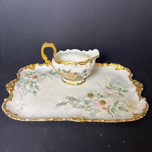 Limoges Floral Porcelain Tray and Creamer Pair