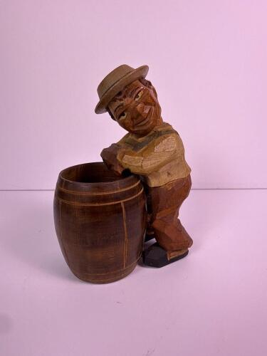 Carved Wood Barrel Holder Figurine Folk Art-Style