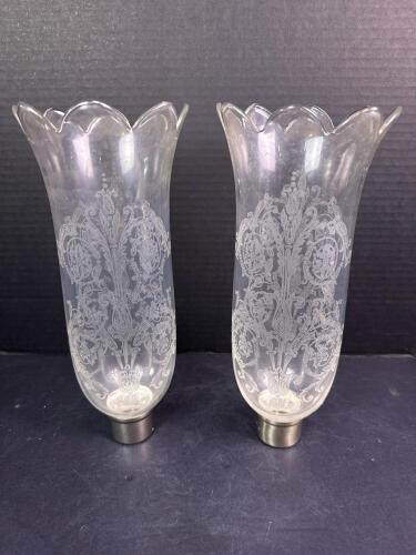 Pair of Etched Glass Hurricane Shades with Metal Bases