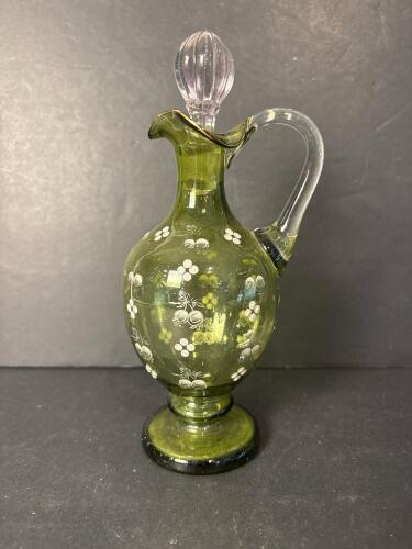 Green Glass Cruet With Stopper, Hand-Painted Floral Motif