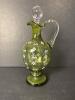 Green Glass Cruet With Stopper, Hand-Painted Floral Motif