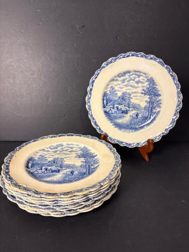 Eight Countryside Old Hall Ivory Ware Blue Transferware Plates