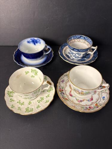 Four Porcelain Teacups and Saucers Assortment, Decorative Styles