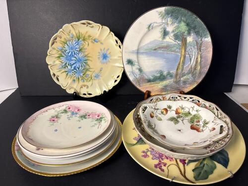 Eleven Assorted Plates Hand-Painted Porcelain Floral and Fruit Motifs