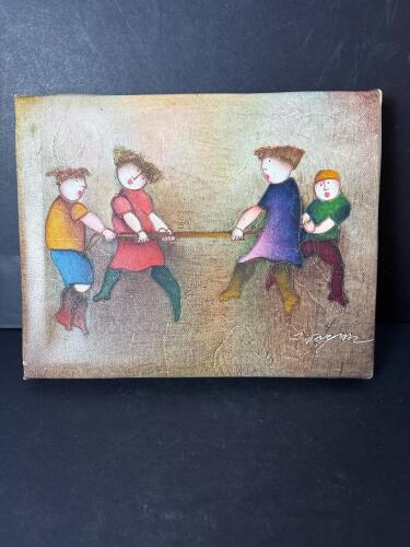 Children Playing Tug of War Signed Canvas Print 10x8"