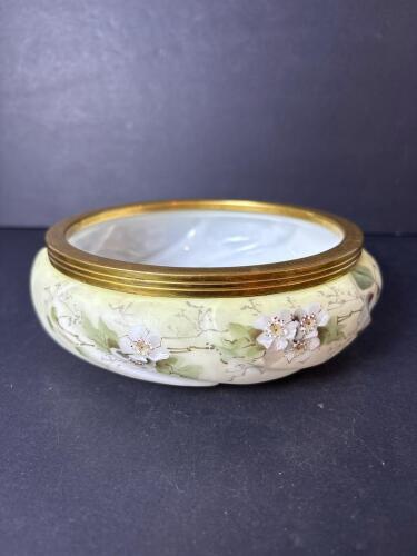 Hand-Painted Porcelain Flower Bowl with Brass Mount