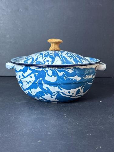 Blue and White Enamelware Bowl with Lid, Swirl Pattern