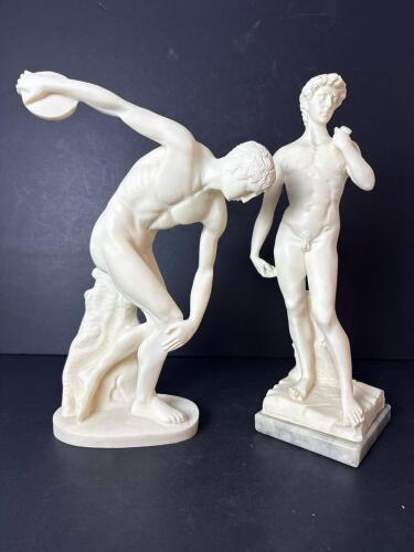 Two White Resin Classical-Style Discobolus and David Figurines