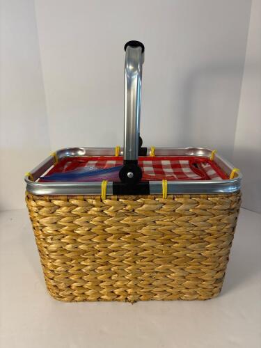 Woven Picnic Basket with Aluminum Handle and Insulated Lining